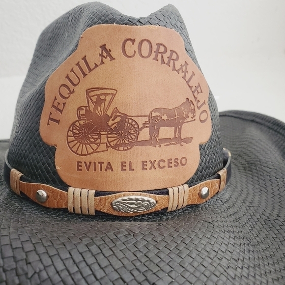 Rocha Hats Unitalla Western Cowboy Black Straw Hat Leather Tequila Patch - Picture 15 of 15